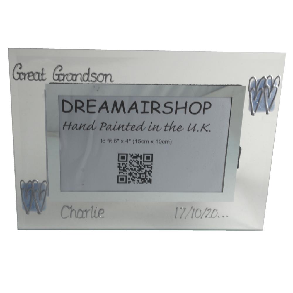 Personalised Great Grandson Photo Frame: Landscape (Blue Hearts)