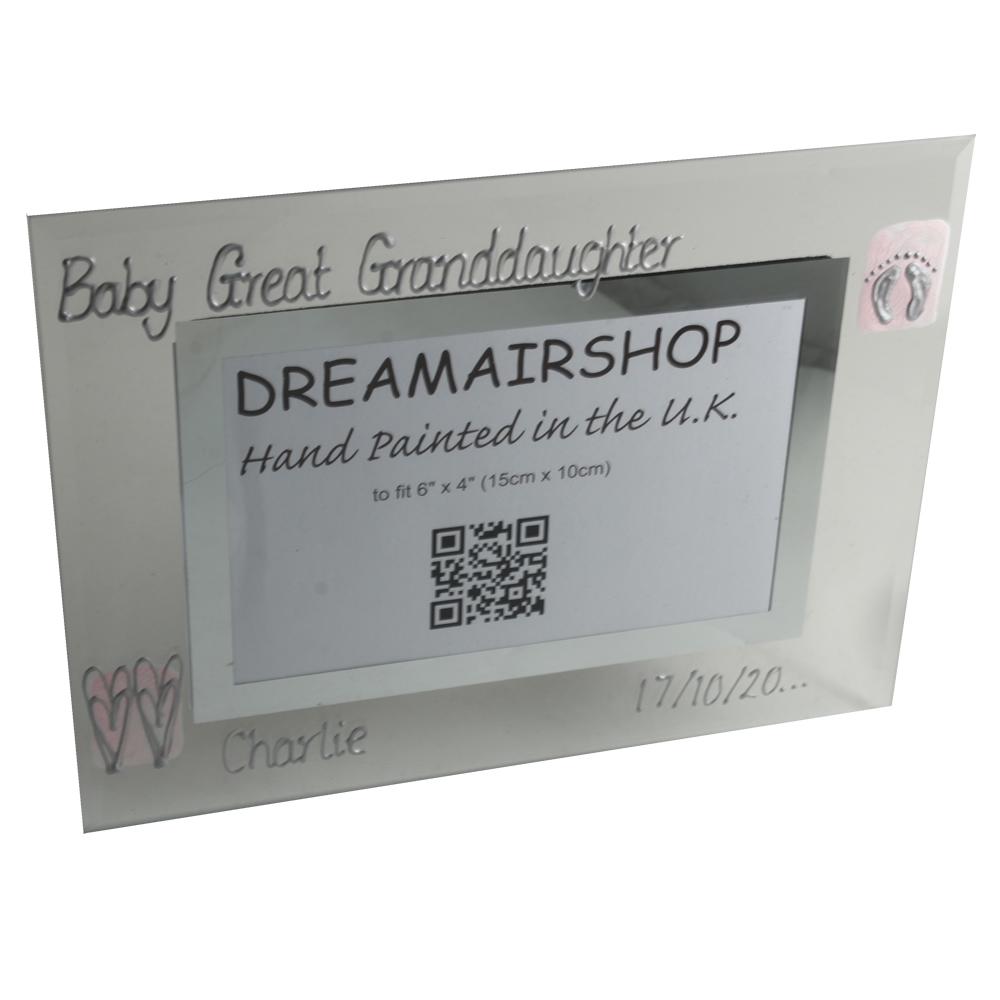 Personalised Baby Great Granddaughter Frame: Landscape (Pink Heart/Feet)