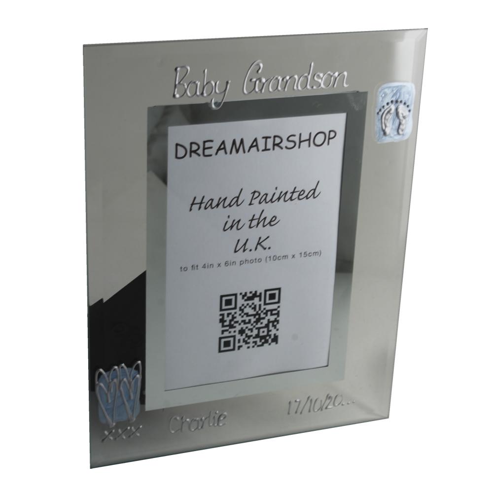 Personalised Baby Grandson Frame Portrait: (Blue Hearts)