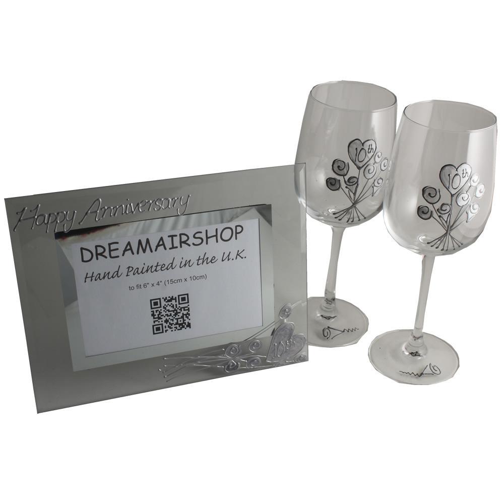 10th Wedding Anniversary Gift Set: Wine Glasses & Photo Frame (Flower)