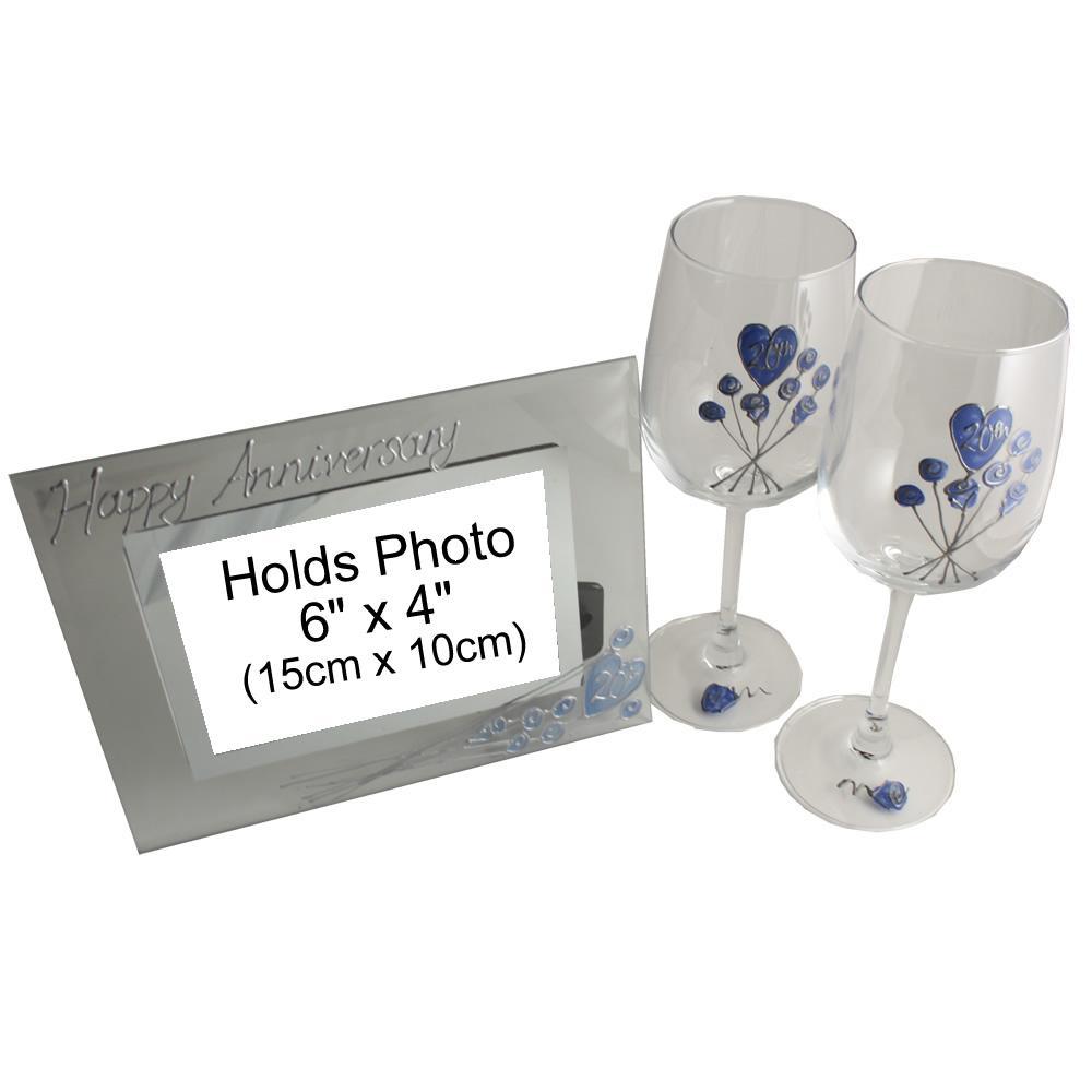 20th Wedding Anniversary Gift Set: Wine Glasses & Photo Frame (Flower)