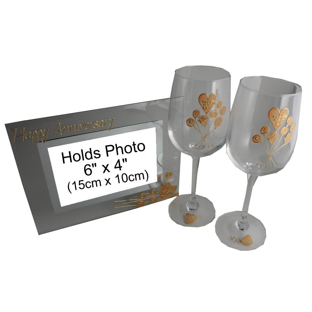 35th Wedding Anniversary Gift Set: Wine Glasses & Photo Frame (Flower)