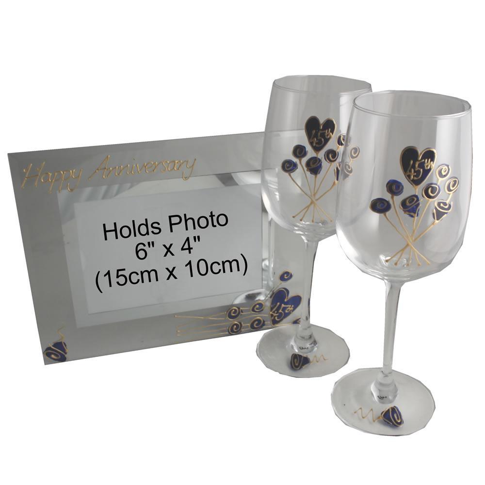 45th Wedding Anniversary Gift Set: Wine Glasses & Photo Frame (Flower)