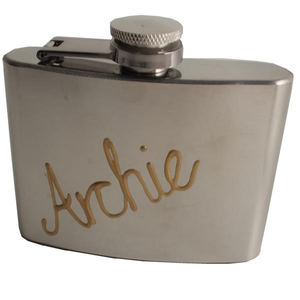 Personalised Gift Chrome Hip Flask: (Gold)