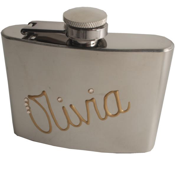 Personalised Gift Chrome Hip Flask: with Crystals (Gold)