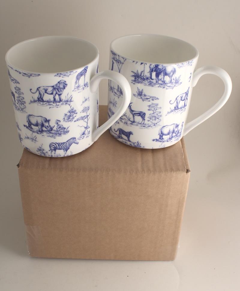 2 Fine Bone China 1 Pint Safari Print Gift Mugs/Beaker (1 BLUE & 1 BLACK)