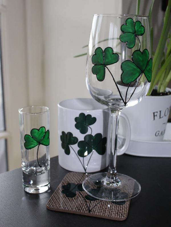 Shamrock Design Multi Gift Sets:  Wine Glass, Shot Glass, Ceramic Mug & Coaster Set