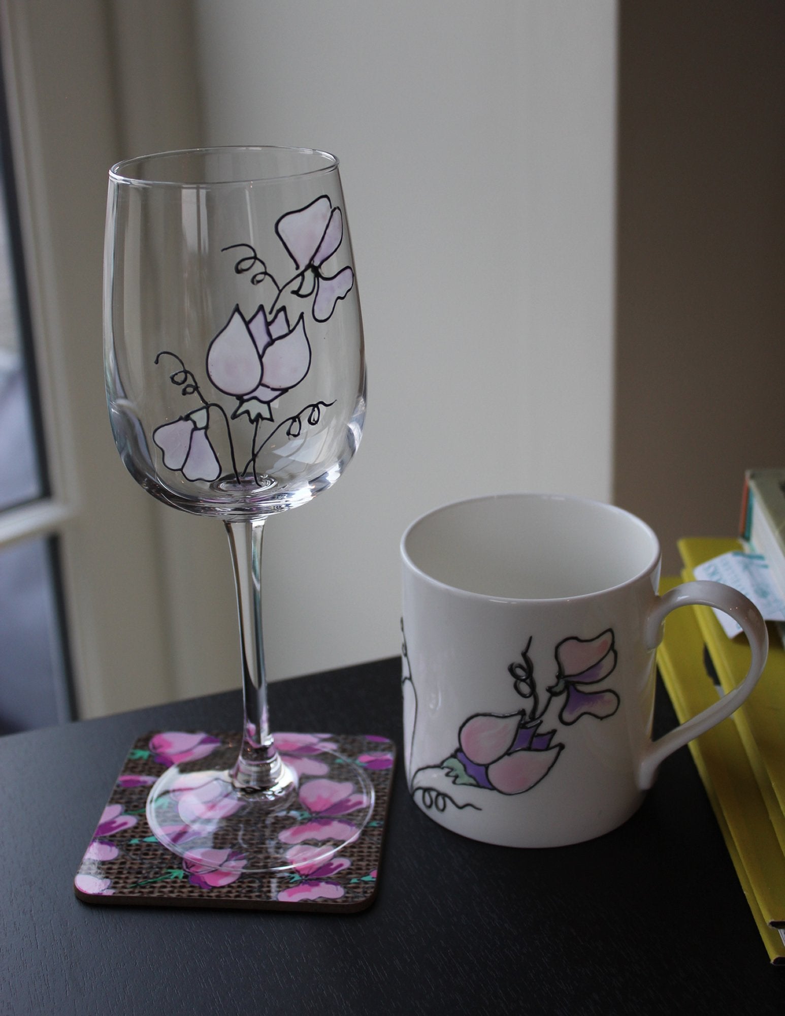 Sweet Pea Wine Mug & Coaster Lifestyle