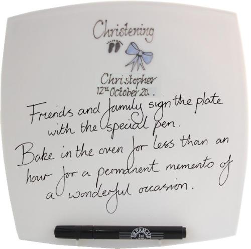 Personalised Christening Plate Square (Blue Feet/Bow)