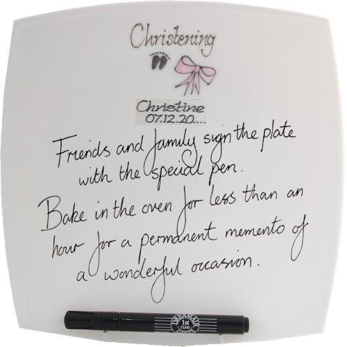 Personalised Christening Plate Square (Pink Feet/Bow)