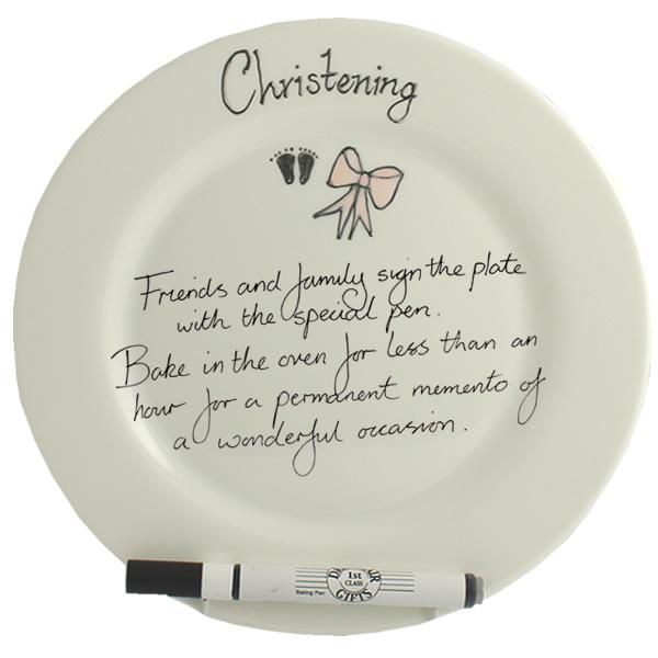 Christening Plate Round (Pink Feet/Bow)