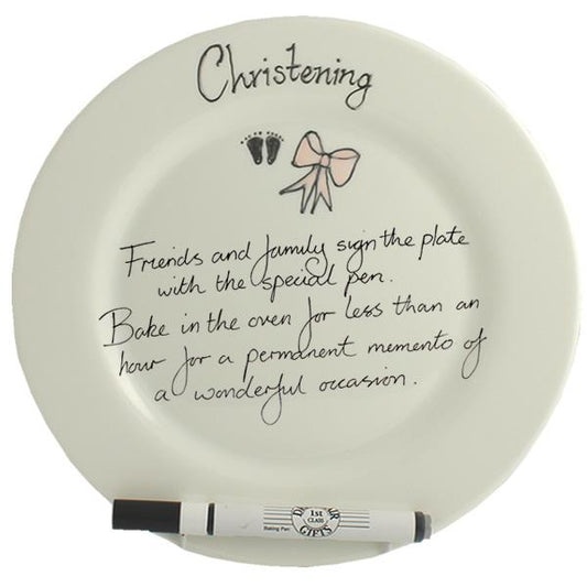 Christening Plate Round (Pink Feet/Bow)