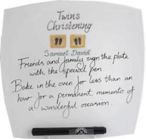 Personalised Twins Christening Plate Square (Cream Feet)