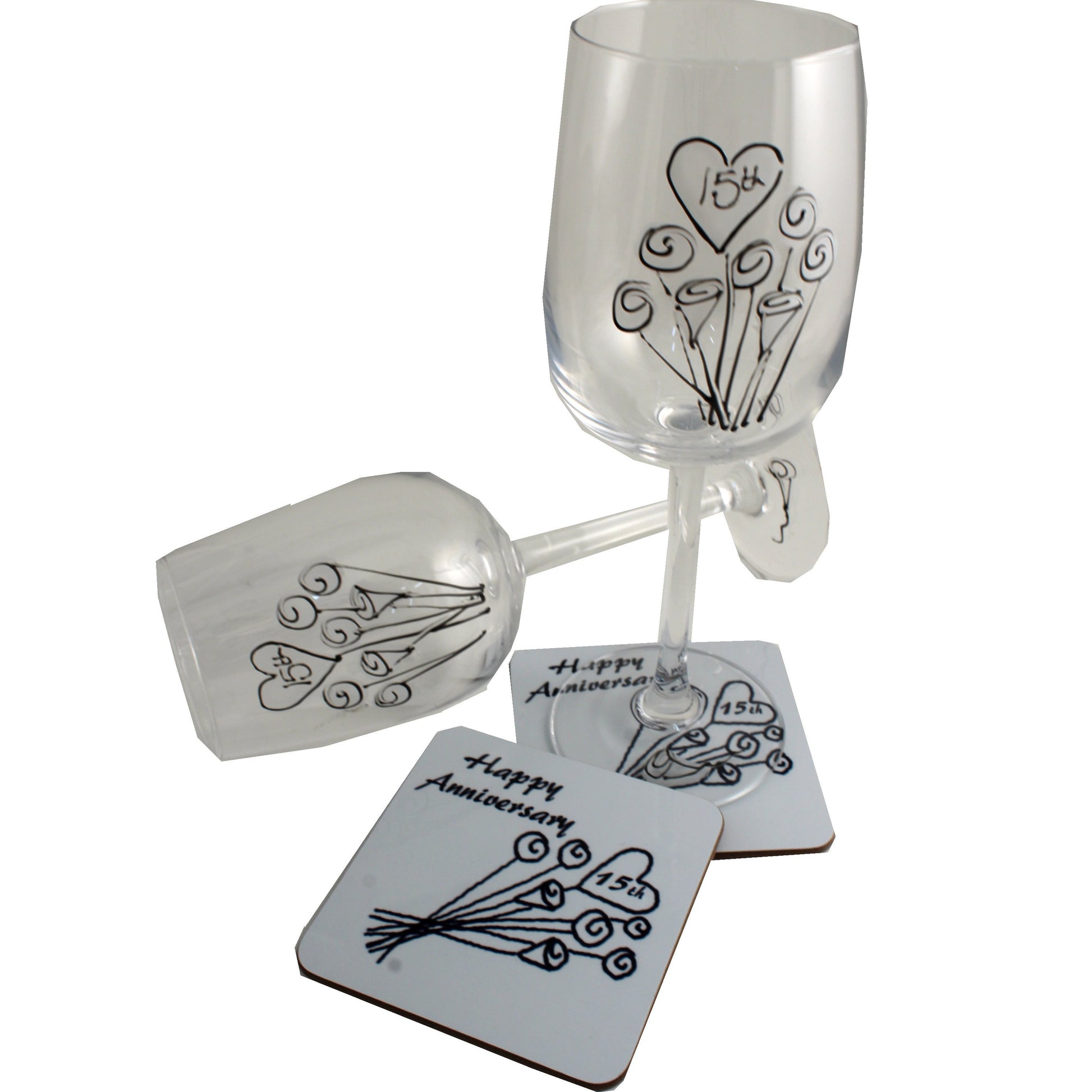 Personalised 15th Wedding Anniversary Wine Glasses & Coaster Gift Set Flower