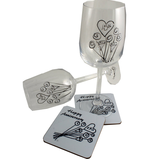 Personalised 15th Wedding Anniversary Wine Glasses & Coaster Gift Set Flower