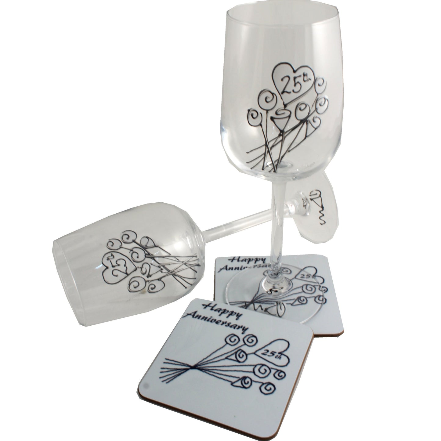 Personalised 25th Wedding Anniversary Wine Glasses & Coaster Gift Set Flower