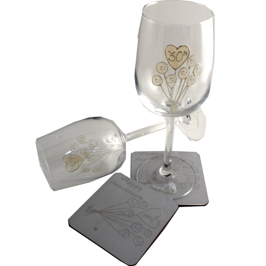 Personalised 30th Wedding Anniversary Wine Glasses & Coaster Gift Set Flower