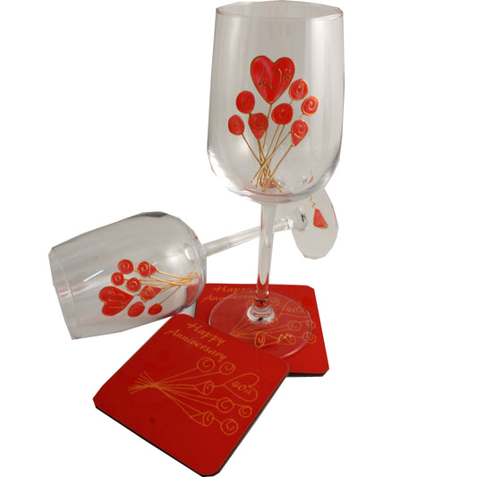 Personalised 40th Wedding Anniversary Wine Glasses & Coaster Gift Set Flower