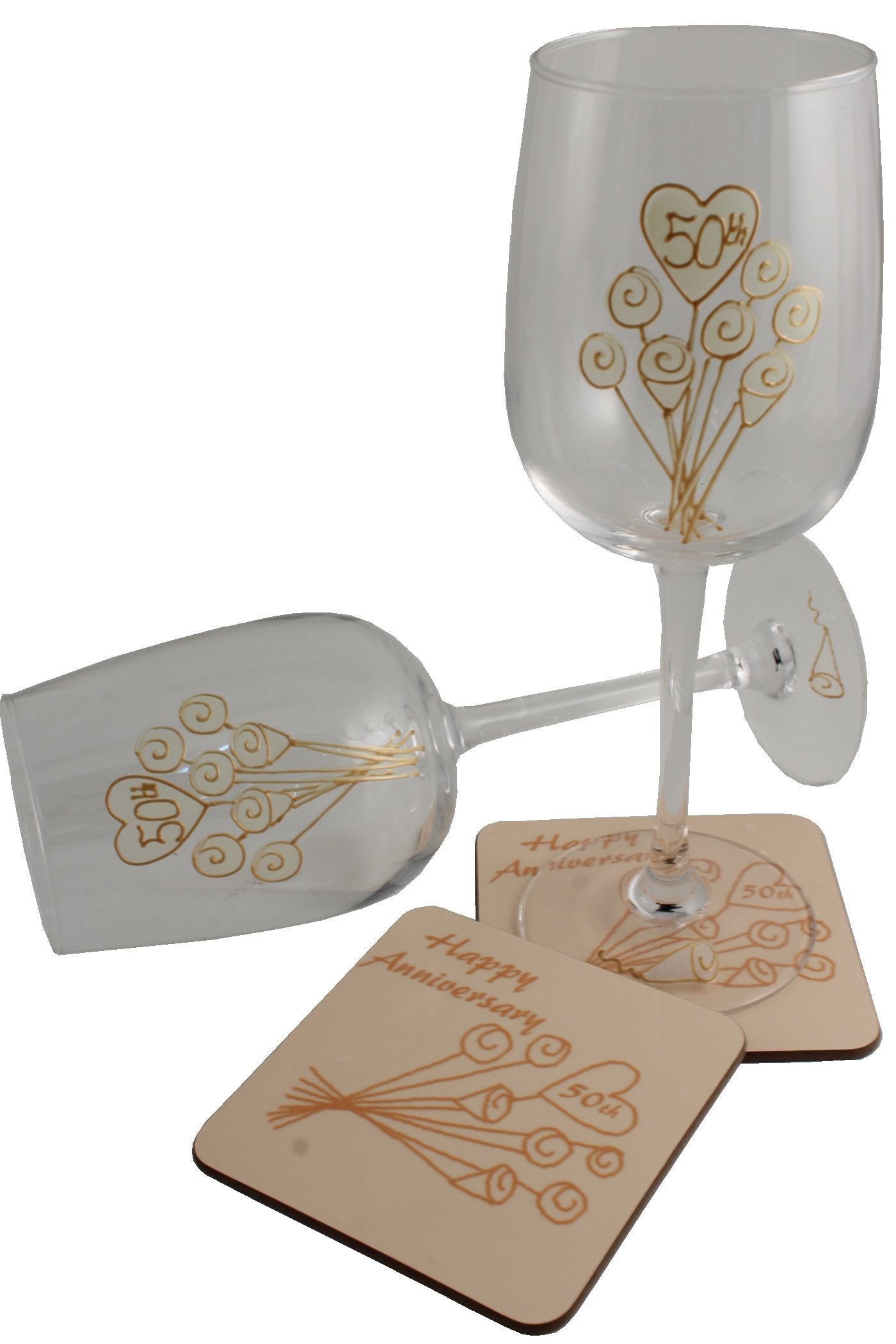 Personalised 50th Wedding Anniversary Wine Glasses & Coaster Gift Set Flower