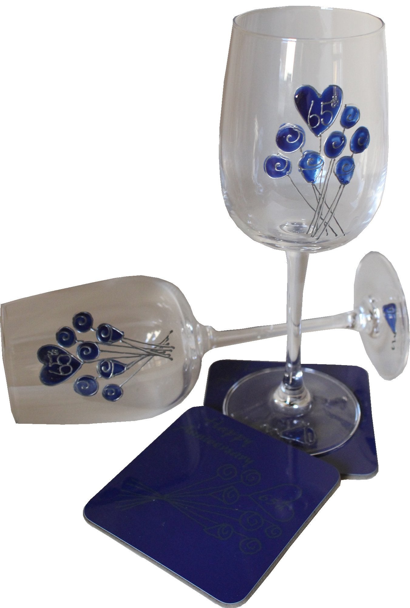 Personalised 65th Wedding Anniversary Wine Glasses & Coaster Gift Set Flower