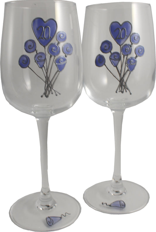 20 Jahre Alles Gute Zum Jubilí_um Paar Weinglí_ser - 20th Wedding Anniversary Pair of Wine Glasses (Flower)