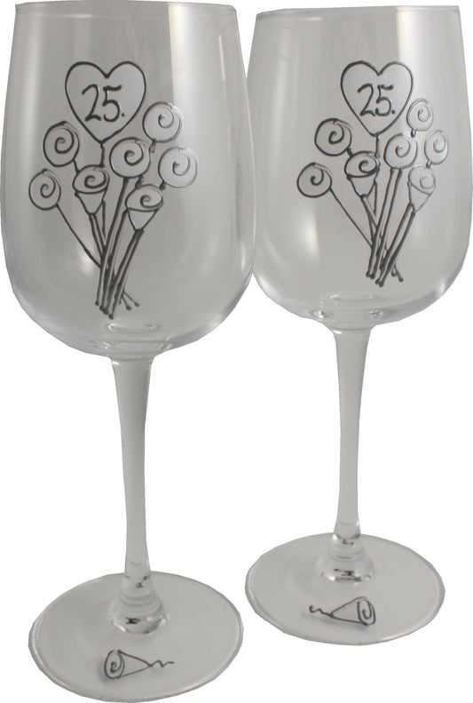 25 Jahre Alles Gute Zum Jubilí_um Paar Weinglí_ser - 25th Wedding Anniversary Pair of Wine Glasses (Flower)