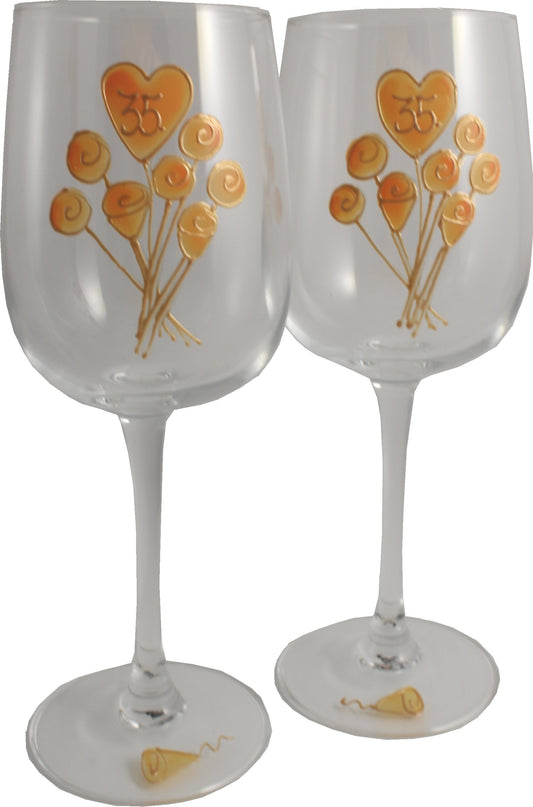 35 Jahre Alles Gute Zum Jubilí_um Paar Weinglí_ser - 35th Wedding Anniversary Pair of Wine Glasses (Flower)