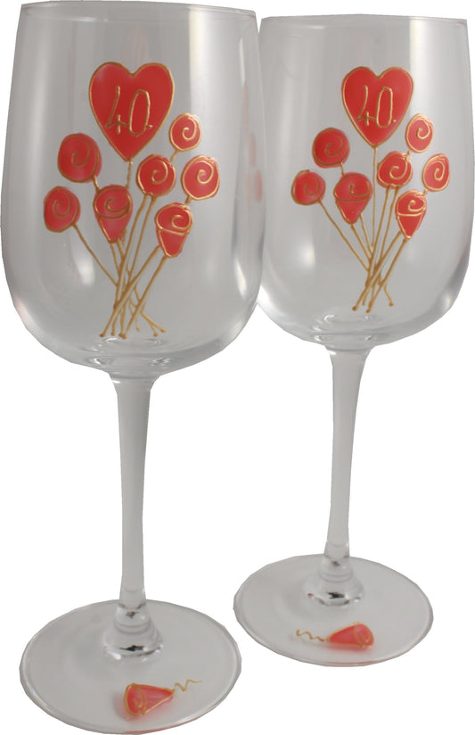 40 Jahre Alles Gute Zum Jubilí_um Paar Weinglí_ser - 40th Wedding Anniversary Pair of Wine Glasses (Flower)