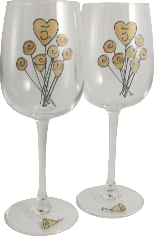 5 Jahre Alles Gute Zum Jubilí_um Paar Weinglí_ser - 5th Wedding Anniversary Pair of Wine Glasses (Flower)
