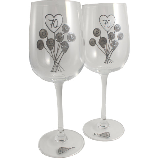 70 Jahre Alles Gute Zum Jubilí_um Paar Weinglí_ser - 70th Wedding Anniversary Pair of Wine Glasses (Flower)