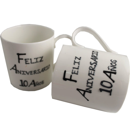 Par de China Tazas Feliz Aniversario 10 Aí±os - 10th Wedding Anniversary Pair of China Mugs  (Blk/Sil)