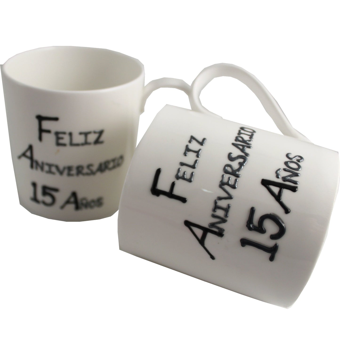 Par de China Tazas Feliz Aniversario 15 Aí±os - 15th Wedding Anniversary Pair of China Mugs  (Blk/Sil)