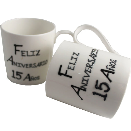 Par de China Tazas Feliz Aniversario 15 Aí±os - 15th Wedding Anniversary Pair of China Mugs  (Blk/Sil)