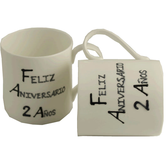Par de China Tazas Feliz Aniversario 2 Aí±os - 2nd Wedding Anniversary Pair of China Mugs  (Blk/Sil)