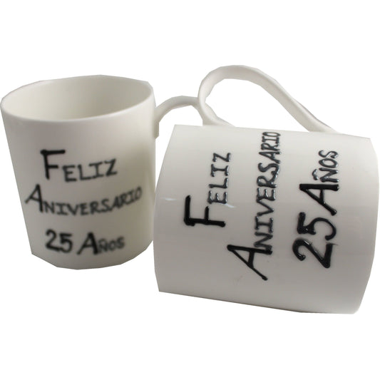 Par de China Tazas Feliz Aniversario 25 Aí±os - 25th Wedding Anniversary Pair of China Mugs  (Blk/Sil)