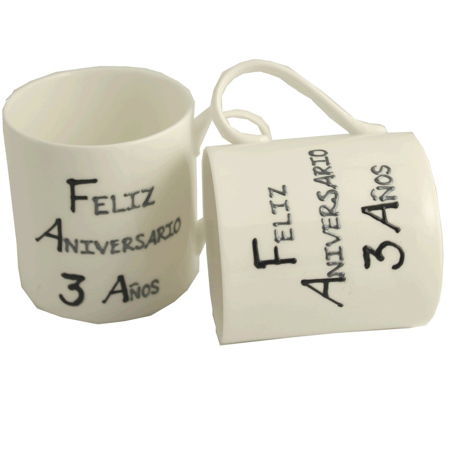 Par de China Tazas Feliz Aniversario 3 Aí±os - 3rd Wedding Anniversary Pair of China Mugs  (Blk/Sil)