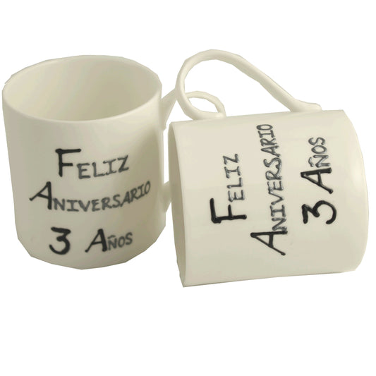 Par de China Tazas Feliz Aniversario 3 Aí±os - 3rd Wedding Anniversary Pair of China Mugs  (Blk/Sil)