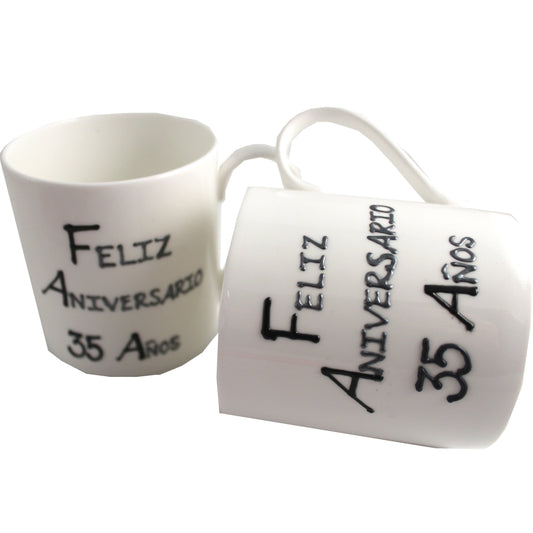 Par de China Tazas Feliz Aniversario 35 Aí±os - 35th Wedding Anniversary Pair of China Mugs  (Blk/Sil)