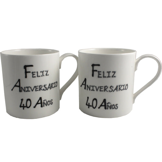 Par de China Tazas Feliz Aniversario 40 Aí±os - 40th Wedding Anniversary Pair of China Mugs  (Blk/Sil)