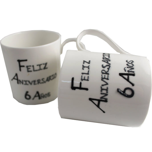Par de China Tazas Feliz Aniversario 6 Aí±os - 6th Wedding Anniversary Pair of China Mugs  (Blk/Sil)