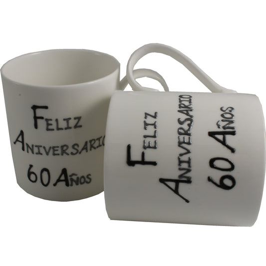 Par de China Tazas Feliz Aniversario 60 Aí±os - 60th Wedding Anniversary Pair of China Mugs  (Blk/Sil)