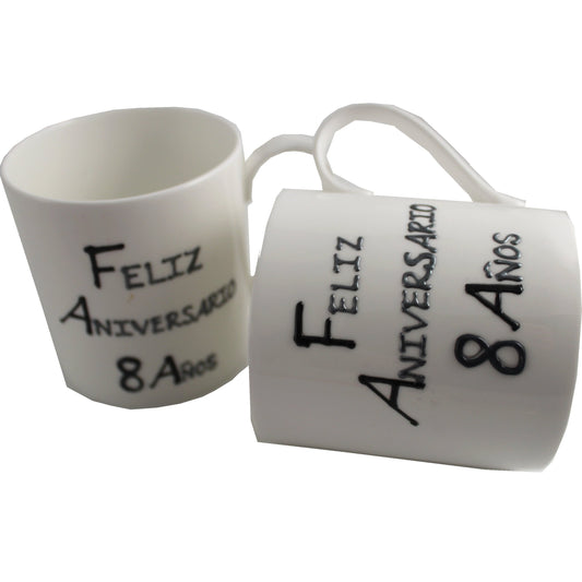 Par de China Tazas Feliz Aniversario 8 Aí±os - 8th Wedding Anniversary Pair of China Mugs  (Blk/Sil)