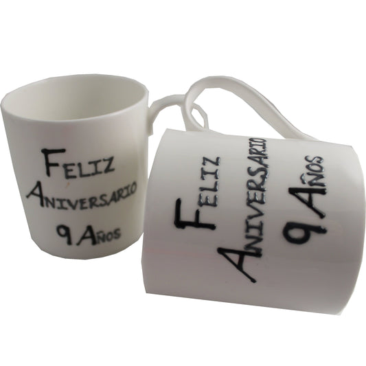 Par de China Tazas Feliz Aniversario 9 Aí±os - 9th Wedding Anniversary Pair of China Mugs  (Blk/Sil)