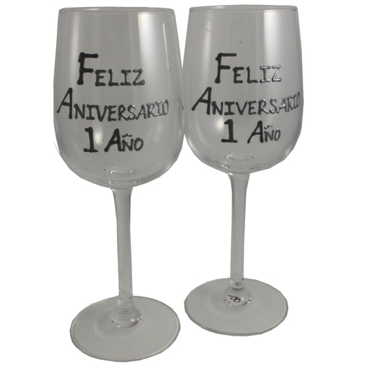 Un par de Copas de Vino Feliz Aniversario 1 Aí±o - 1st Wedding Anniversary Pair of Wine Glasses (Blk/Sil)