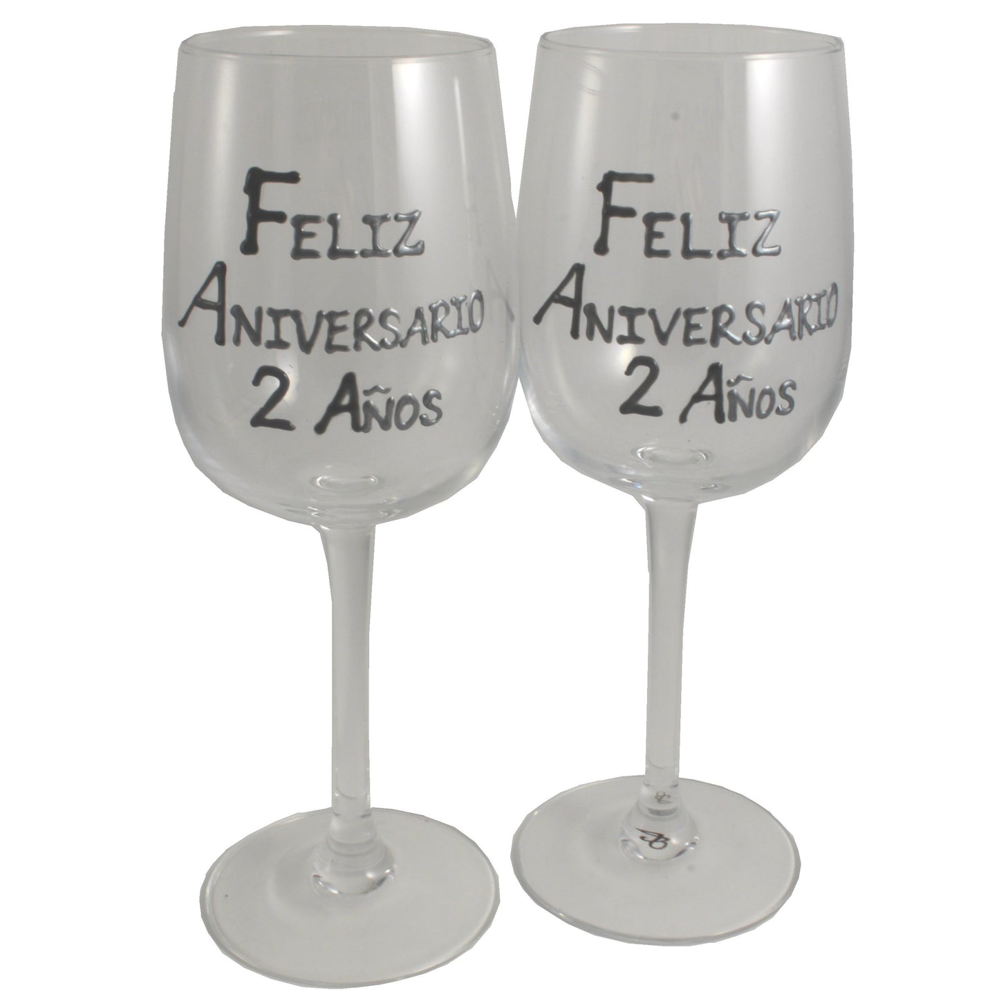 Un par de Copas de Vino Feliz Aniversario 2 Aí±os - 2nd Wedding Anniversary Pair of Wine Glasses (Blk/Sil)