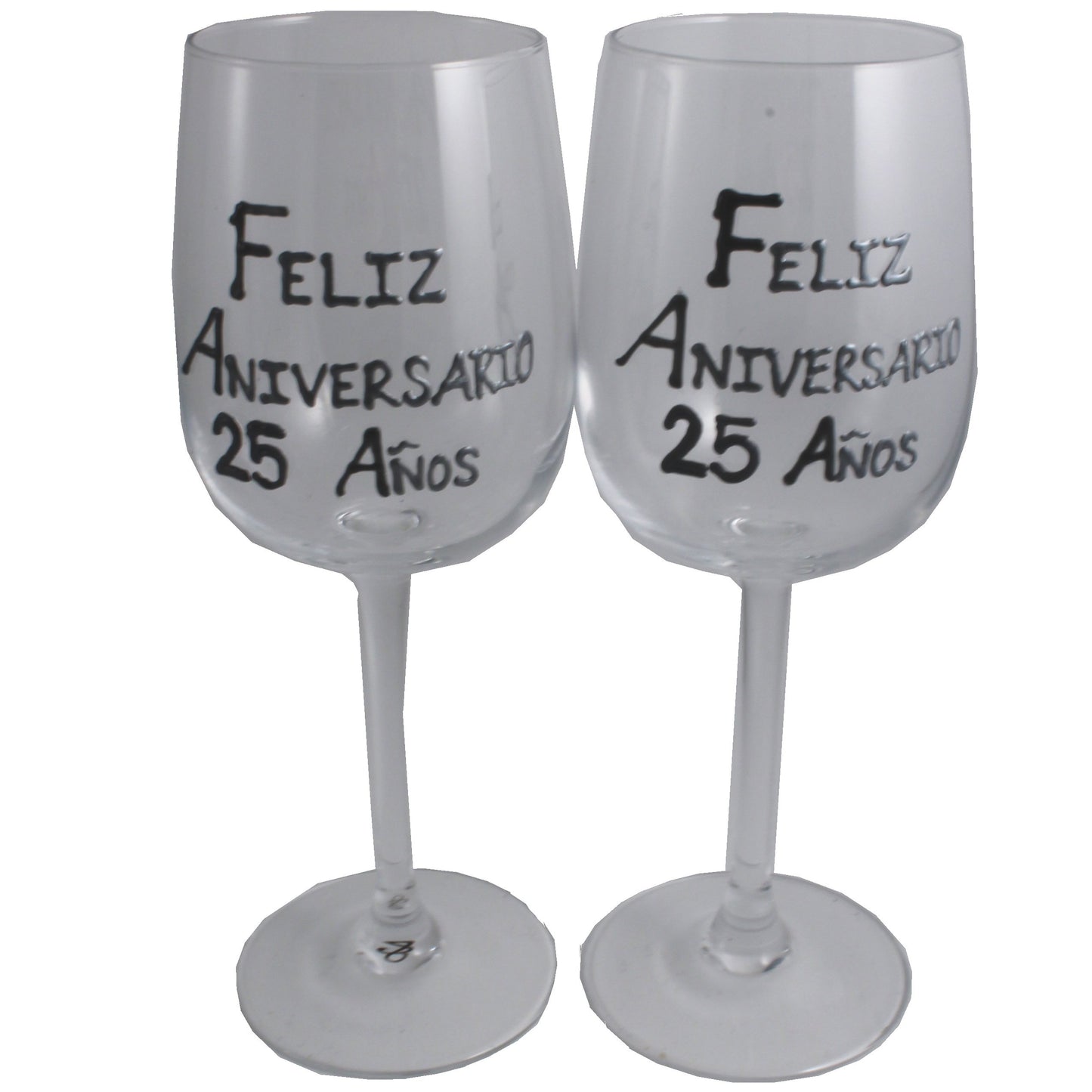 Un par de Copas de Vino Feliz: Aniversario 25 Aí±os - 25th Wedding Anniversary Pair of Wine Glasses (Blk/Sil)