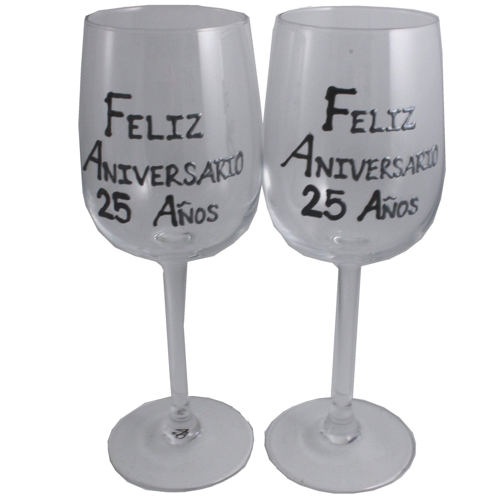 Un par de Copas de Vino Feliz: Aniversario 25 Aí±os - 25th Wedding Anniversary Pair of Wine Glasses (Blk/Sil)