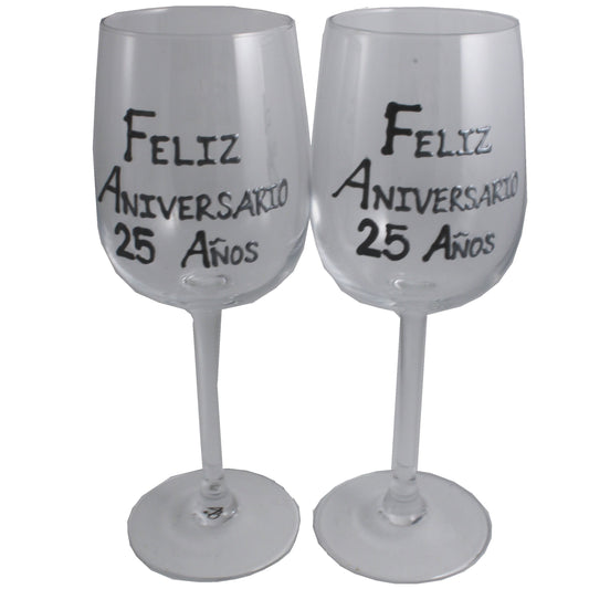 Un par de Copas de Vino Feliz: Aniversario 25 Aí±os - 25th Wedding Anniversary Pair of Wine Glasses (Blk/Sil)